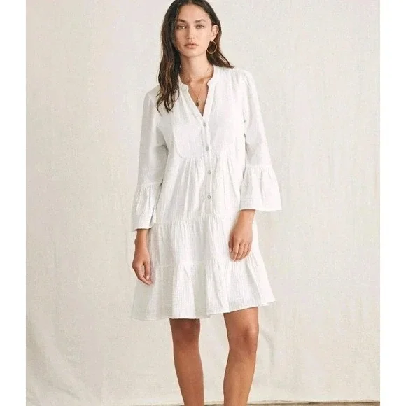 Faherty Kasey Organic Cotton Gauze Dress Sz L Tiered White Boho Cottage READ - Picture 1 of 16